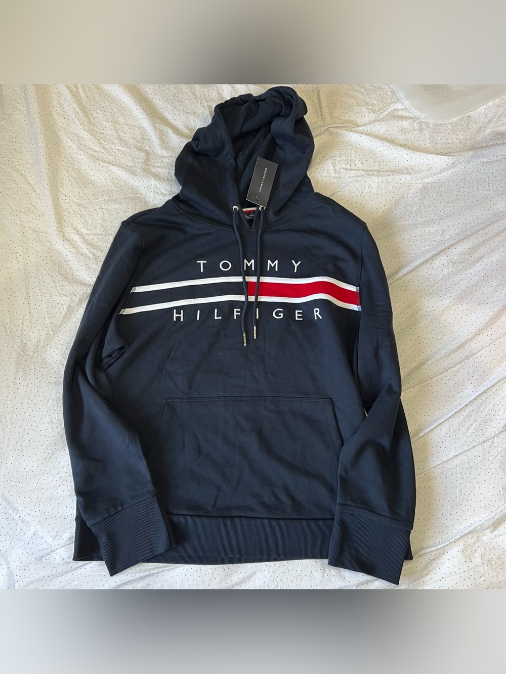 Tommy Hilfiger Navy Pullover Hoodie with Red & White Stripes